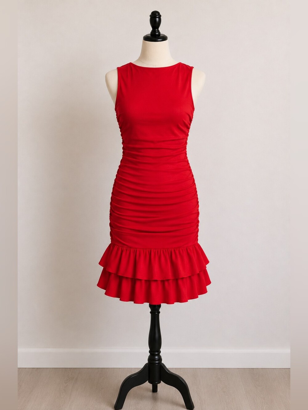 Red Ruched Bodycon Drop Waist Ruffle Mini Dress